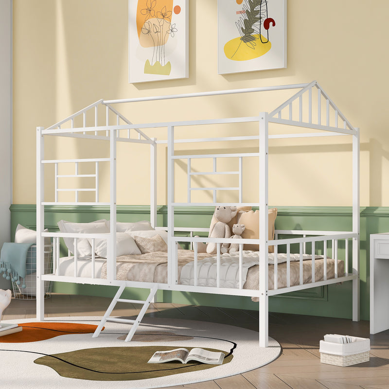Metal House Bed Frame Full Size with Slatted Support No Box Spring Needed White