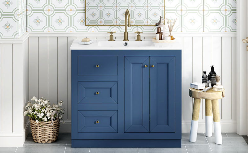 Bathroom Vanity With Ceramic Sink, Bathroom Storage Cabinet With 2 Drawers & Shelf, Freestanding Bathroom Cabinet - Blue