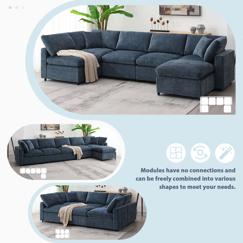 Modern Modular Cloud Sofa Bed, 6 Seat Chenille Sectional Couch Set With Ottoman, Free Combination, Convertible U Shaped Sleeper Sofa For Living Room