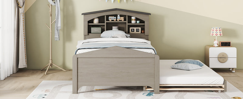 Twin Size Wood Platform Bed with House-shaped Storage Headboard and Trundle, Gray