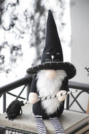 Sitting Gnome With Broomstick & Long Legs, For Halloween Decor - Black White