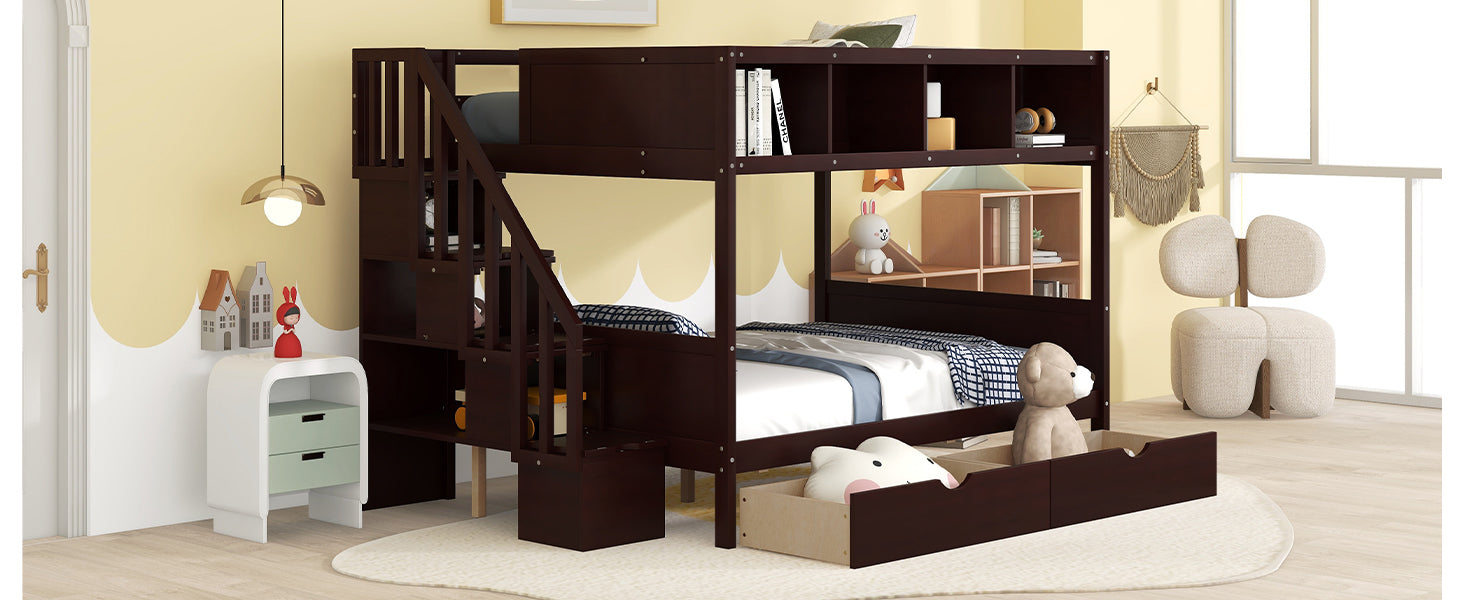 Twin over Full Bunk Bed with Shelfs, Storage Staircase and 2 Drawers, Espresso - Atlantic Fine Furniture Melbourne FL