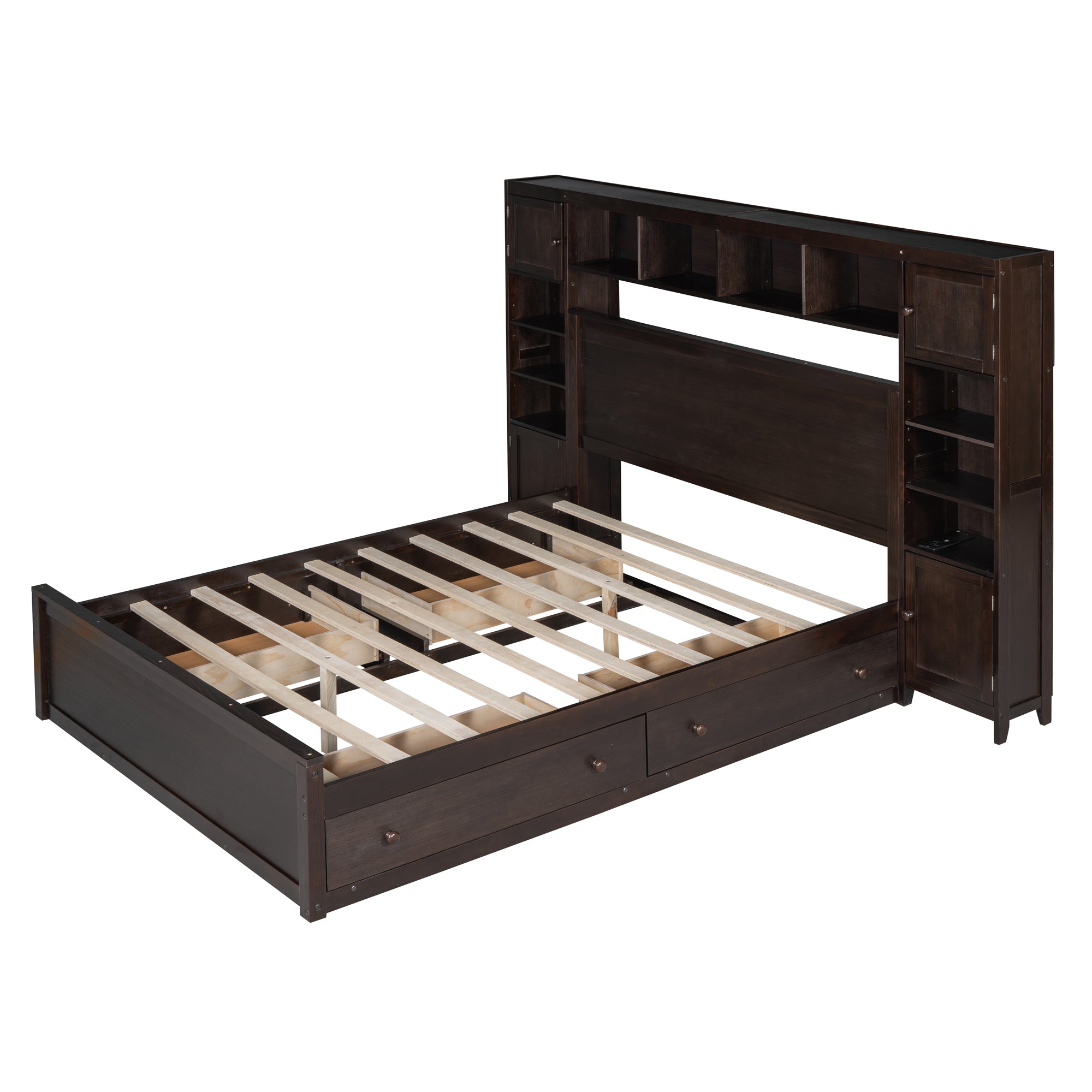 Queen Size Wooden Bed With All-in-One Cabinet, Shelf and Sockets, Espresso - Atlantic Fine Furniture Melbourne FL