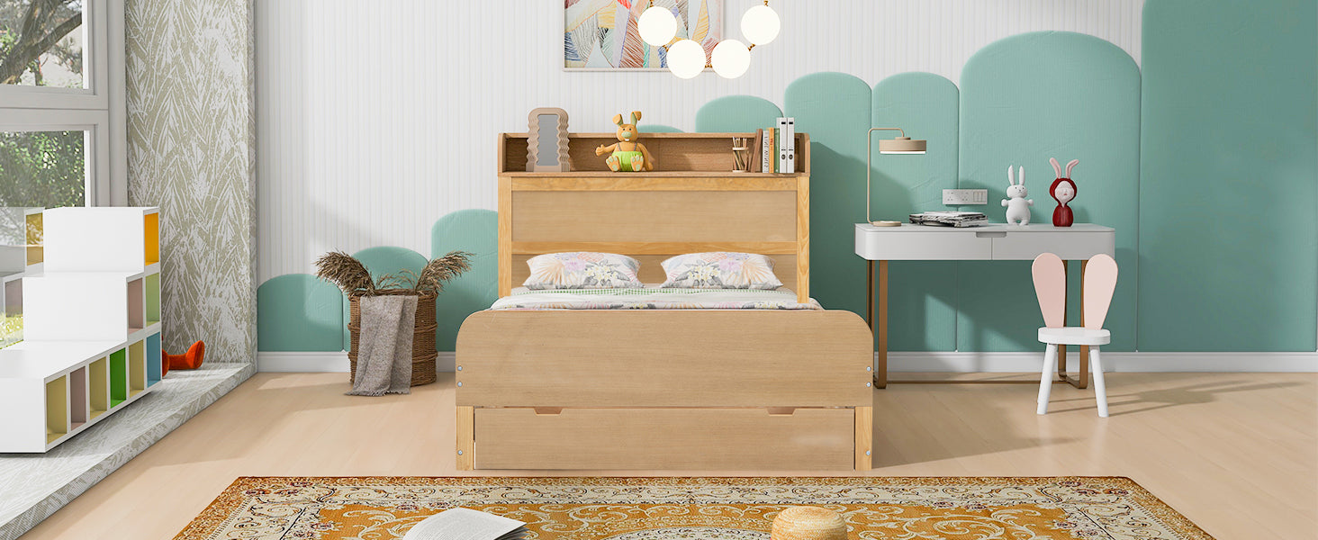 Full Size Platform Bed with Storage Headboard and a Big Drawer, Wood Color - Atlantic Fine Furniture Melbourne FL