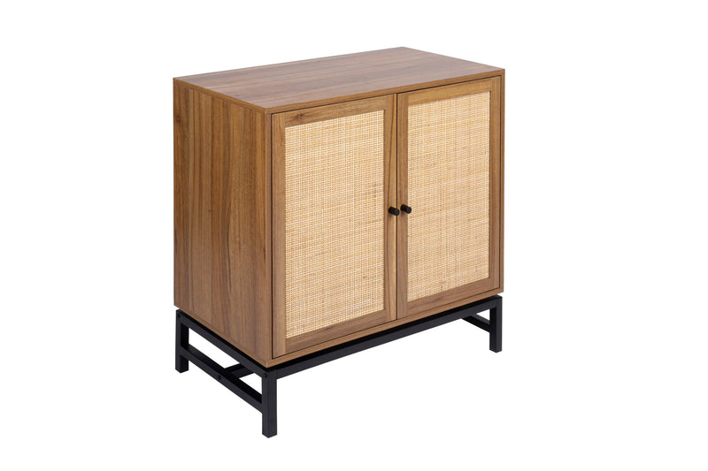 2 Door Cabinet, With 1 Adjustable Inner Shelves, Rattan, Accent Storage Cabinet (Set of 2) - Walnut