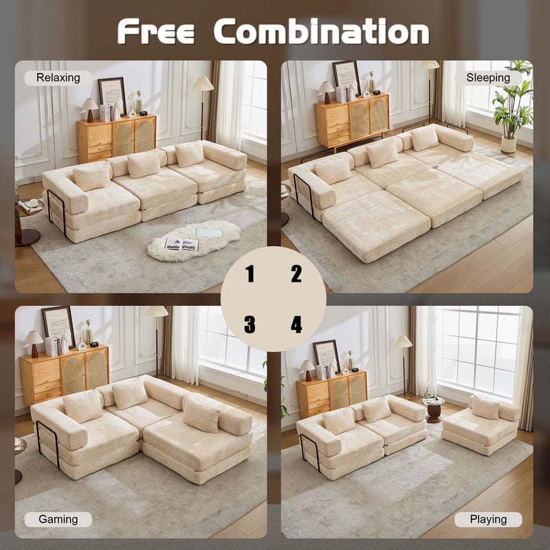 Convertible Floor Sofa Bed With Fixed Shape Frame, Boneless Modular Sectional Sofa, For Living Room - Beige