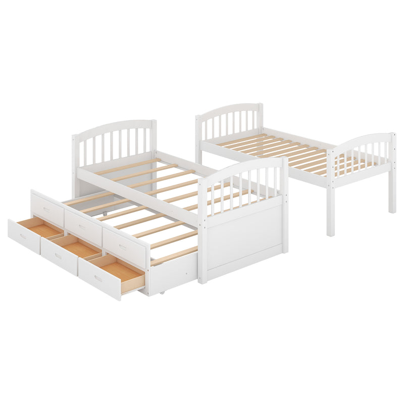 Twin over Twin Wood Bunk Bed with Trundle and Drawers,White