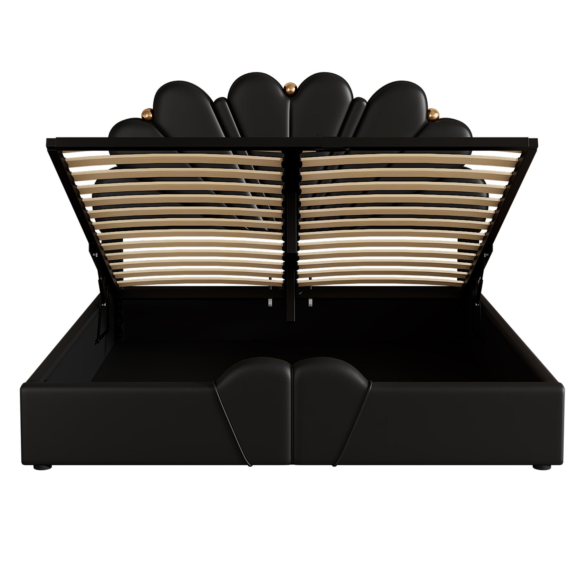 Queen Size Upholstered  Petal Shaped Platform Bed  with Hydraulic Storage System, PU Storage Bed, Decorated with metal balls, Black - Atlantic Fine Furniture Melbourne FL