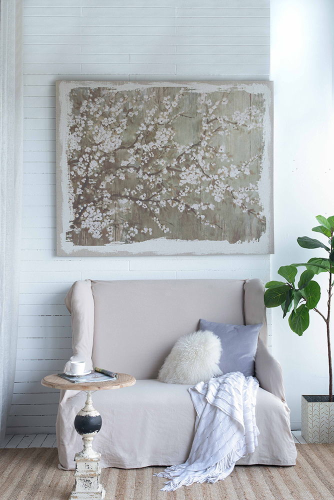 Large Cherry Blossom Canvas Art Print, Home Decor Accent Piece - Gray / White Matte