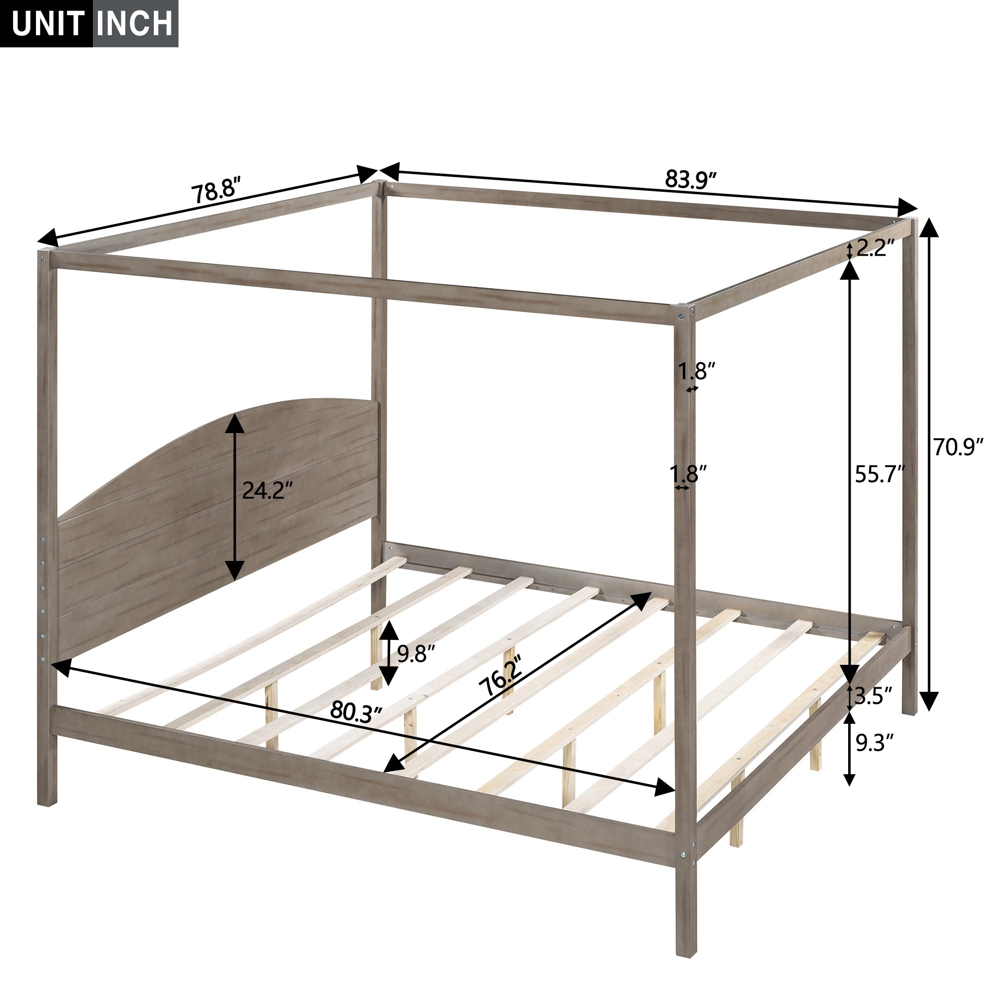 King Size Canopy Platform Bed with Headboard and Support Legs, Brown Wash - Atlantic Fine Furniture Melbourne FL