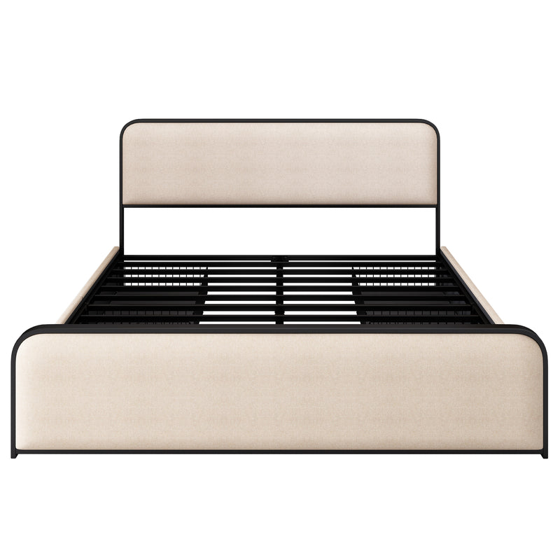 Modern Metal Bed Frame with Curved Upholstered Headboard and Footboard Bed with 4 Storage Drawers, Heavy Duty Metal Slats, King Size, Beige