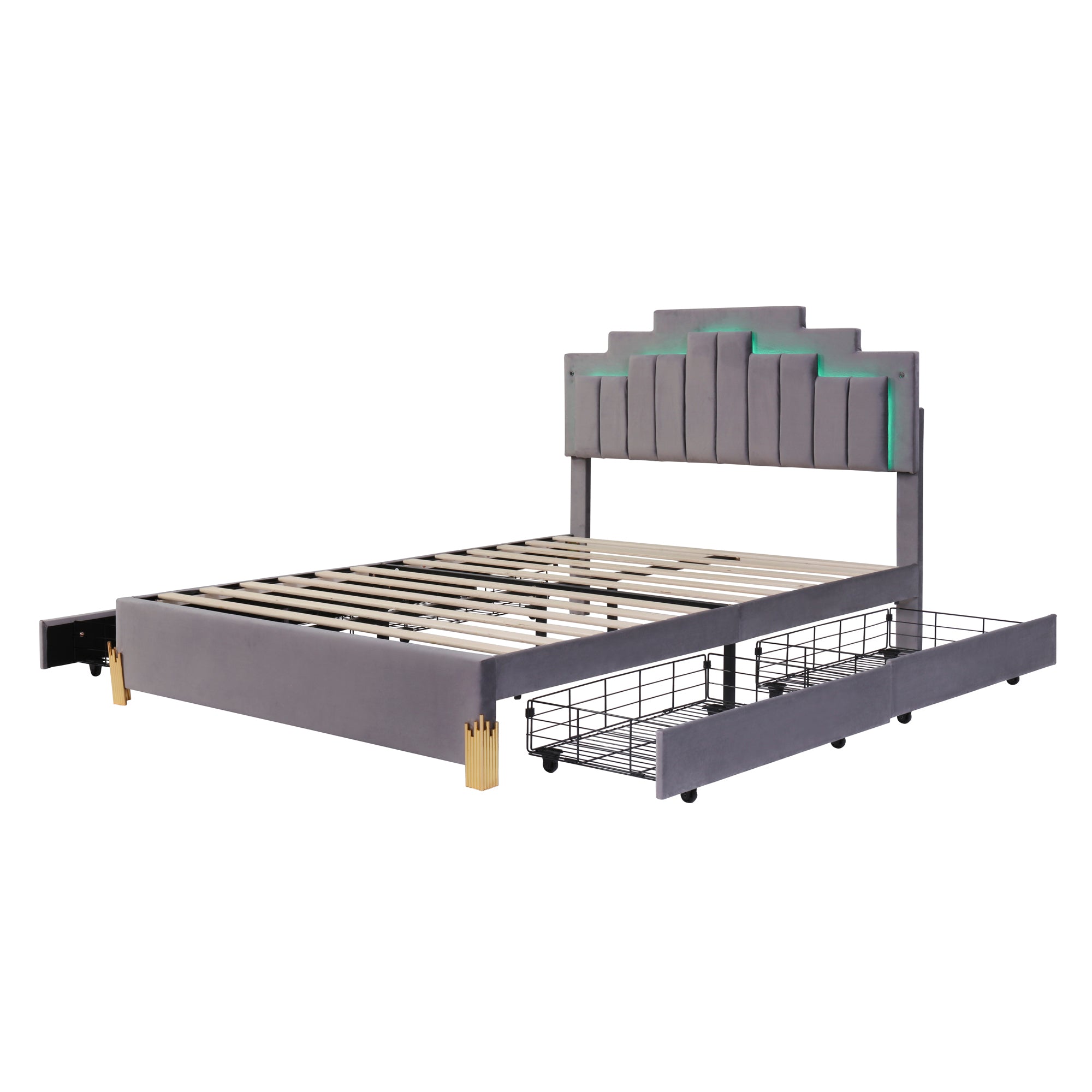 Queen Size Upholstered Platform Bed with LED Lights and 4 Drawers, Stylish Irregular Metal Bed Legs Design, Gray - Atlantic Fine Furniture Melbourne FL