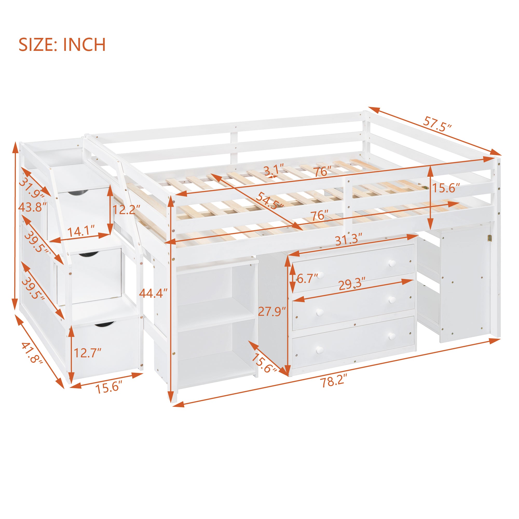 Full Size Loft Bed with Retractable Writing Desk and 3 Drawers, Wooden Loft Bed with Storage Stairs and Shelves, White - Atlantic Fine Furniture Melbourne FL