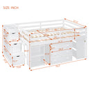 Full Size Loft Bed with Retractable Writing Desk and 3 Drawers, Wooden Loft Bed with Storage Stairs and Shelves, White