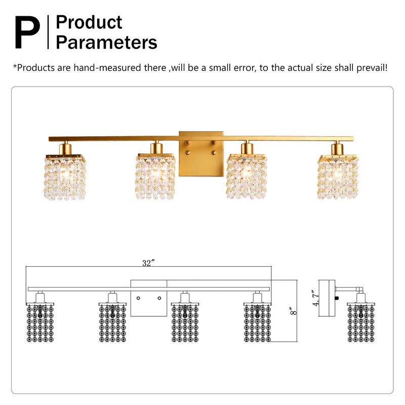 4 Light Bathroom Light, Modern Vanity Lights With Crystal Shade, Vintage Light Fixture Bathroom Over Mirror Wall Lights For Kitchen Dinning Room Bedroom Hallway (Does Not Include Light Bulbs) - Gold
