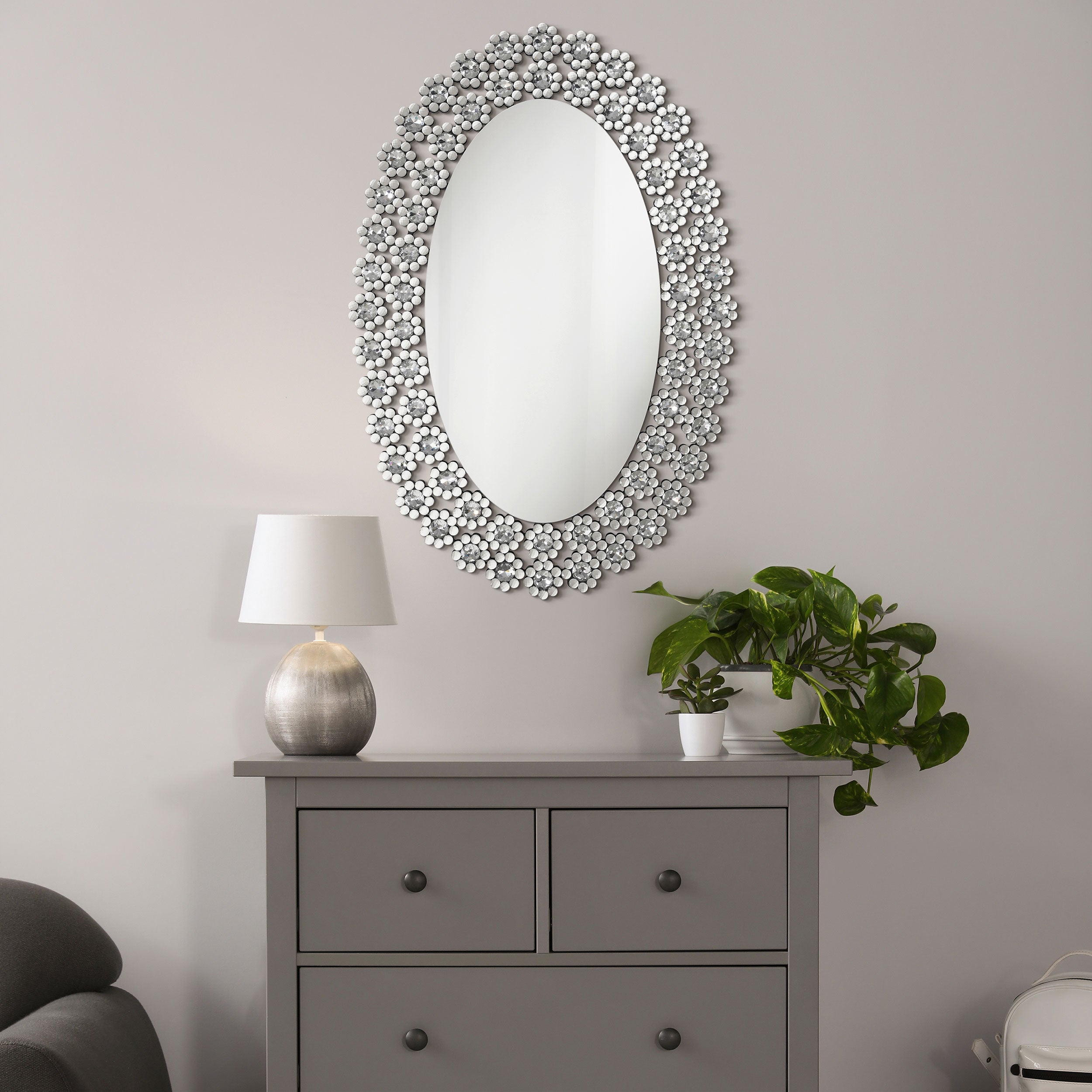 Colleen 31 x 47 Inch Oval Wall Mirror Crystal Flowers Silver — view 2