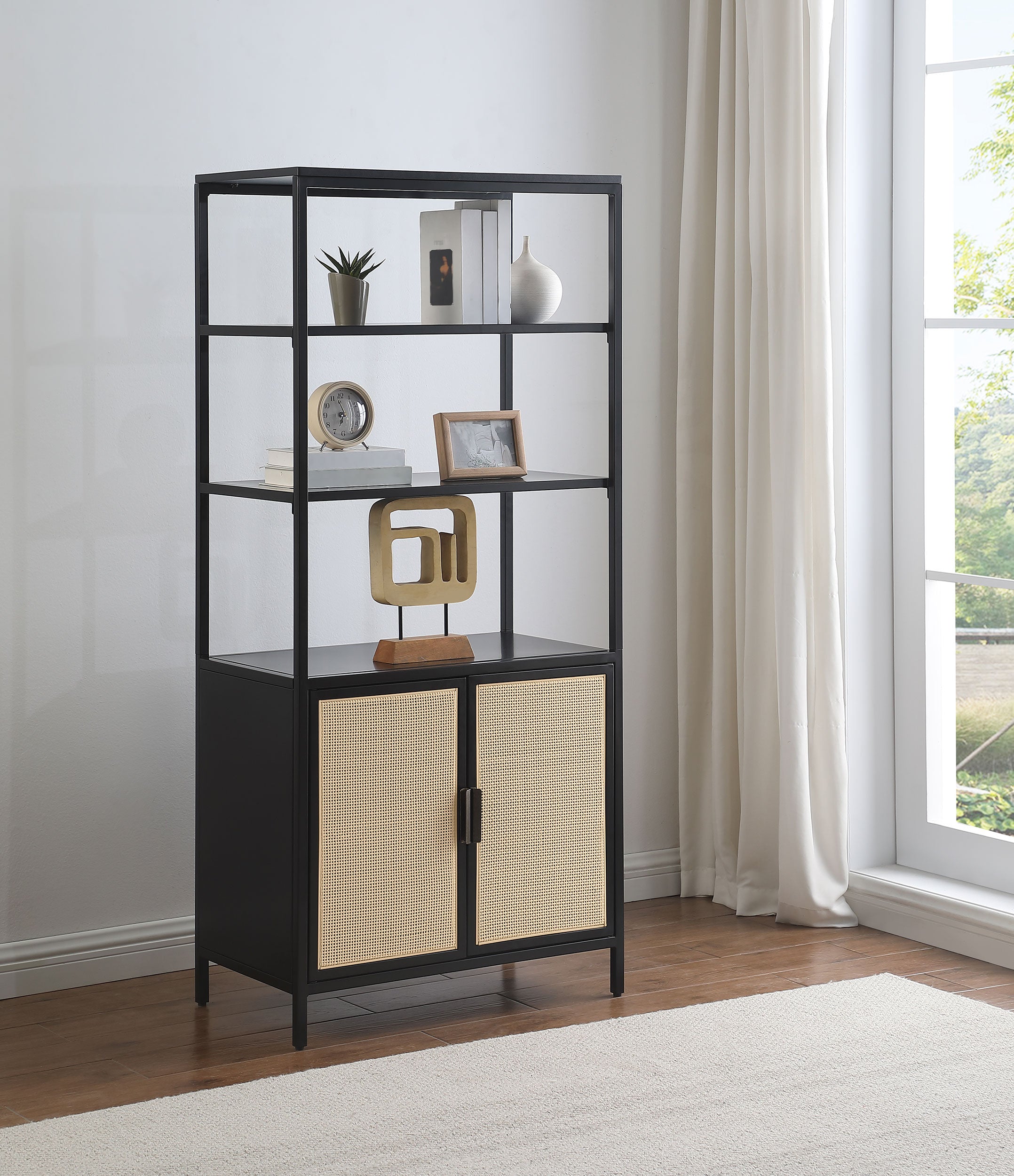 Amherst 3-shelf Radio Weave Cane Metal Accent Cabinet Black — view 2