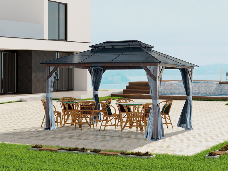 10' x 13' Hardtop Wood Gazebo For Patios, Outdoor Framed Gazebo With Polycarbonate Double Roof Canopy, Solid Wooden Framed Gazebo With Privacy Curtains And Mosquito Nettings For Garden, Backyard - Black