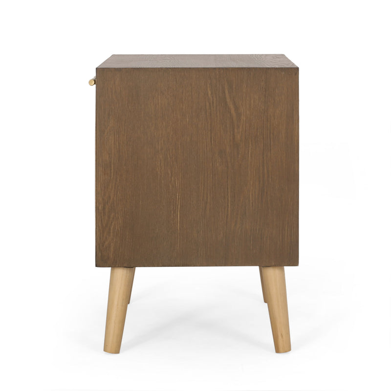 Contemporary End Table With Rattan - Walnut