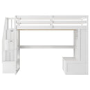 Full Size Loft Bed With Desk And Shelves, 2 Built In Drawers, Storage Staircase - White