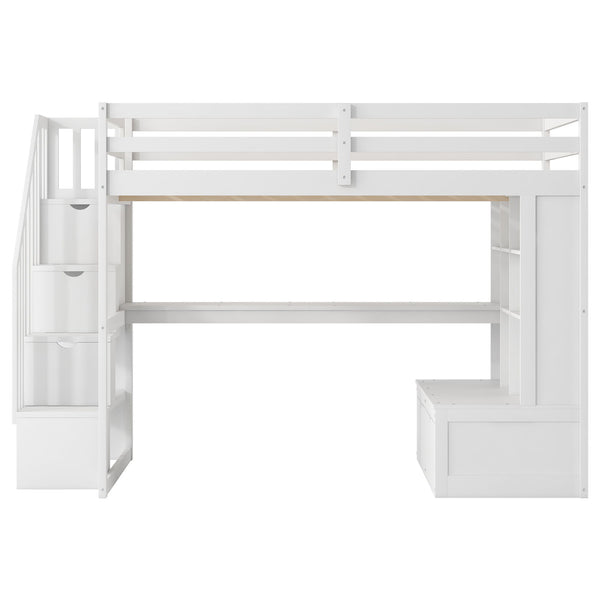 Full Size Loft Bed With Desk And Shelves, 2 Built In Drawers, Storage Staircase - White