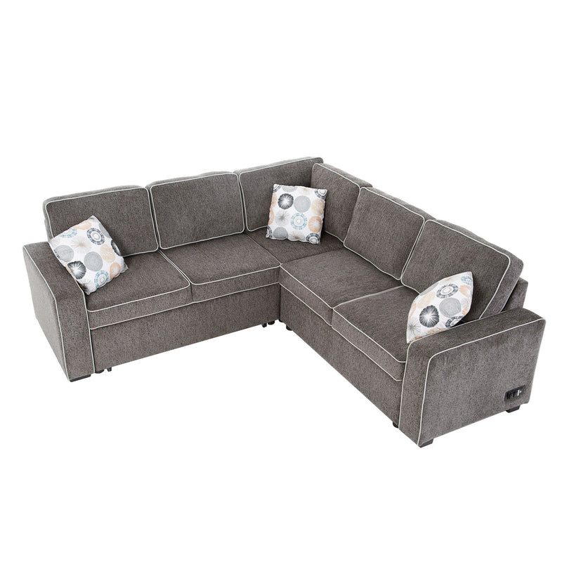 L-Shaped Pull Out Sofa Bed Modern Convertible Sleeper Sofa With 2 USB Ports, 2 Power Sockets, 3 Pillows For Living Room - Gray