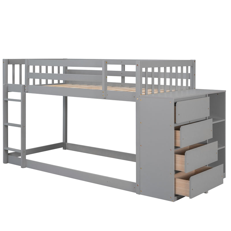 Twin Over Twin Bunk Bed With 4 Drawers And 3 Shelves