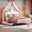 Full Size Princess Bed With Crown Headboard and 2 Drawers, Full size Platform Bed with Headboard and Footboard,White+Pink