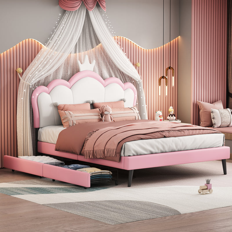 Full Size Princess Bed With Crown Headboard and 2 Drawers, Full size Platform Bed with Headboard and Footboard,White+Pink