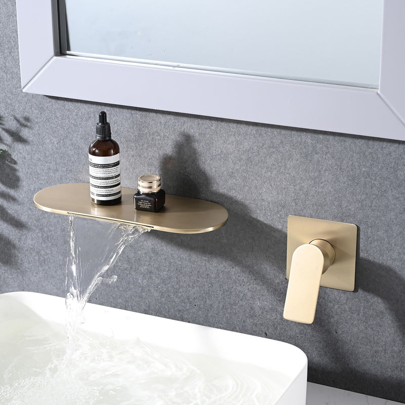Modern Wall Mount Bathtub Faucet Single Handle With Waterfall Tub Spout And Rough - Brushed Gold