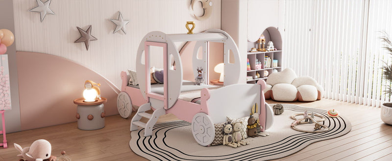 Princess Carriage Bed With Crown, Platform Car Bed With Stair