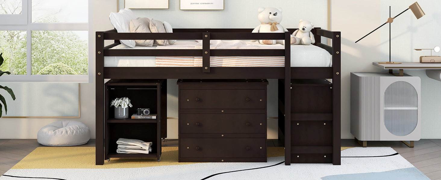 Low Study Full Loft Bed with Cabinet ,Shelves and Rolling Portable Desk ,Multiple Functions Bed- Espresso - Atlantic Fine Furniture Melbourne FL