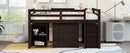 Low Study Full Loft Bed with Cabinet ,Shelves and Rolling Portable Desk ,Multiple Functions Bed- Espresso
