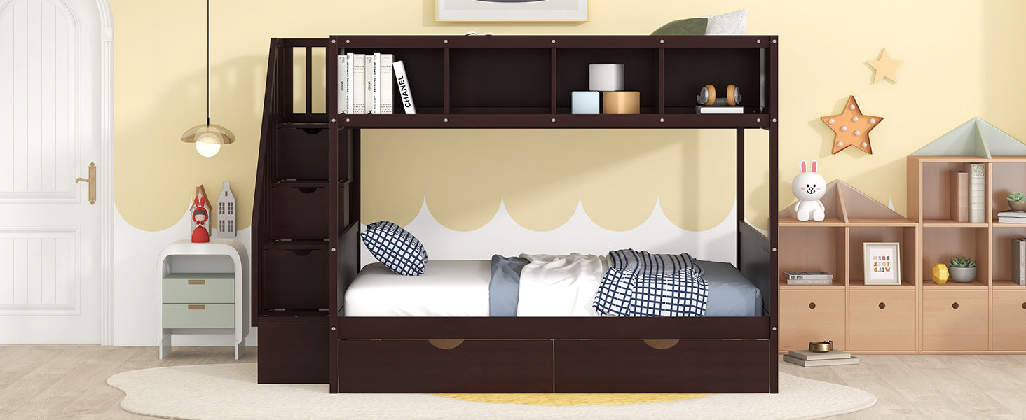Twin over Full Bunk Bed with Shelfs, Storage Staircase and 2 Drawers, Espresso - Atlantic Fine Furniture Melbourne FL