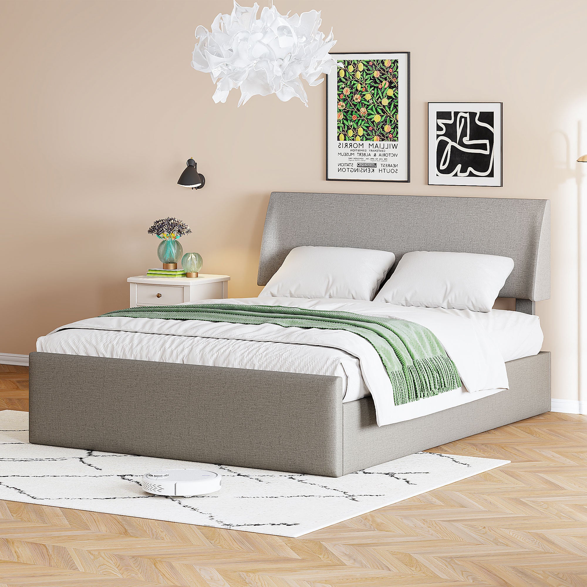 Full Size Sleigh Bed with Side-Tilt Hydraulic Storage System, Linen Upholstery, Gray - Atlantic Fine Furniture Melbourne FL