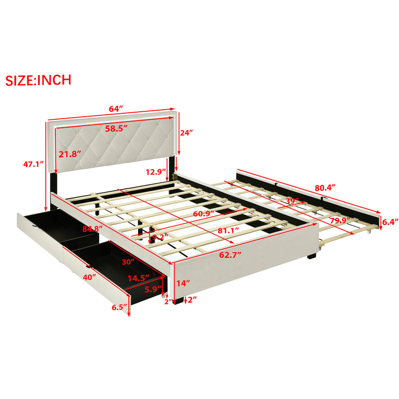 Queen Size  Velvet Storage Platform Bed, with 2 Big Drawers, Twin XL Size Trundle and LED Light, Beige