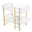 Twin Size Wood Loft Bed With Built-in Storage Cabinet and Cubes, Foldable desk, White