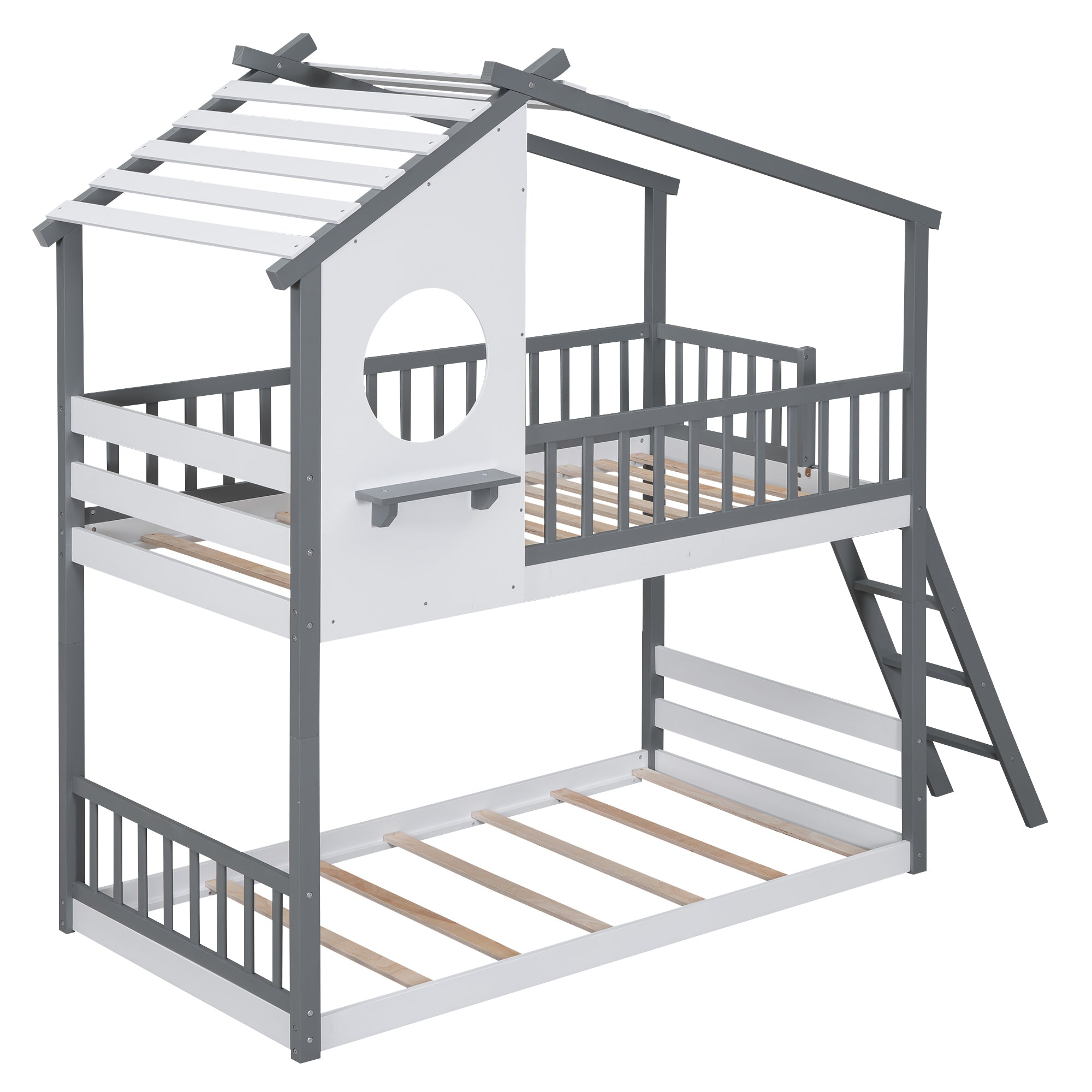 Twin Over Twin Bunk Bed Wood Bed with Roof, Window, Ladder,Gray(OLD SKU :LT100008AAE) - Atlantic Fine Furniture Melbourne FL