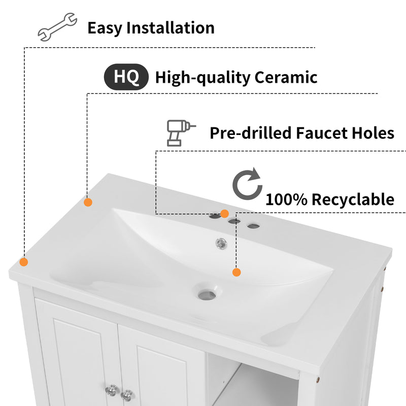 Bathroom Vanity With Sink, Bathroom Storage Cabinet With Doors And Drawers, Solid Wood Frame, Ceramic Sink