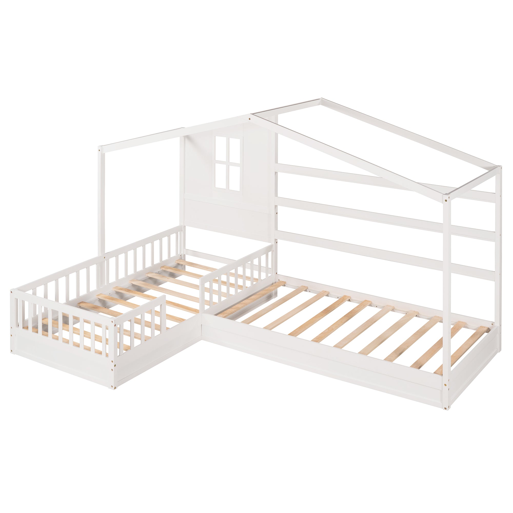 Wood House Bed Twin Size, 2 Twin Solid Bed L structure with fence and slatted frame (White) - Atlantic Fine Furniture Melbourne FL