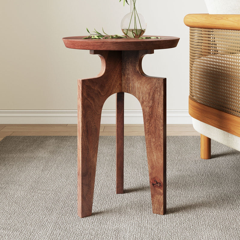 Midcentury Mango Wood Round End Table With 3 Legs - Honey