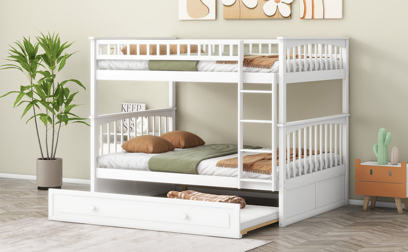 Full over Full Bunk Bed with Twin Size Trundle, Convertible Beds, White