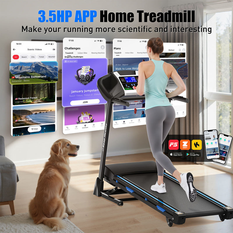 Treadmills For Home, Electric Treadmill With Automatic Incline, Foldable 3.5Hp Workout Running Machine Walking, Double Running Board Shock Absorption Pulse Sensor Bluetooth Speaker App Fitshow - Black