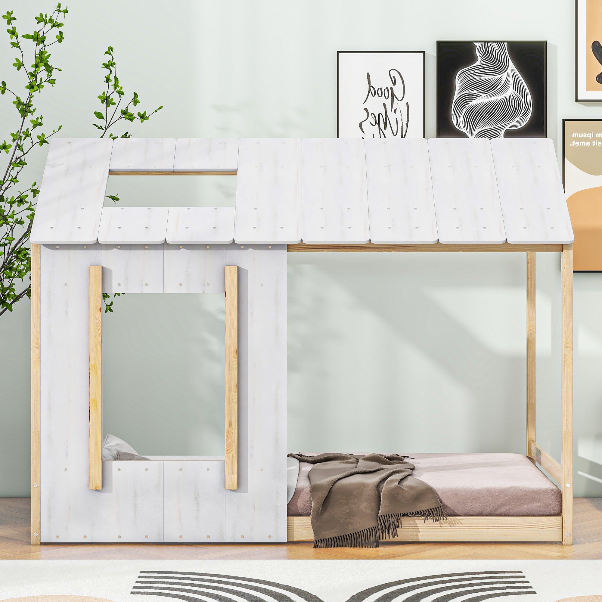 Twin Size House Platform with Roof and Window , White+Natural - Atlantic Fine Furniture Melbourne FL