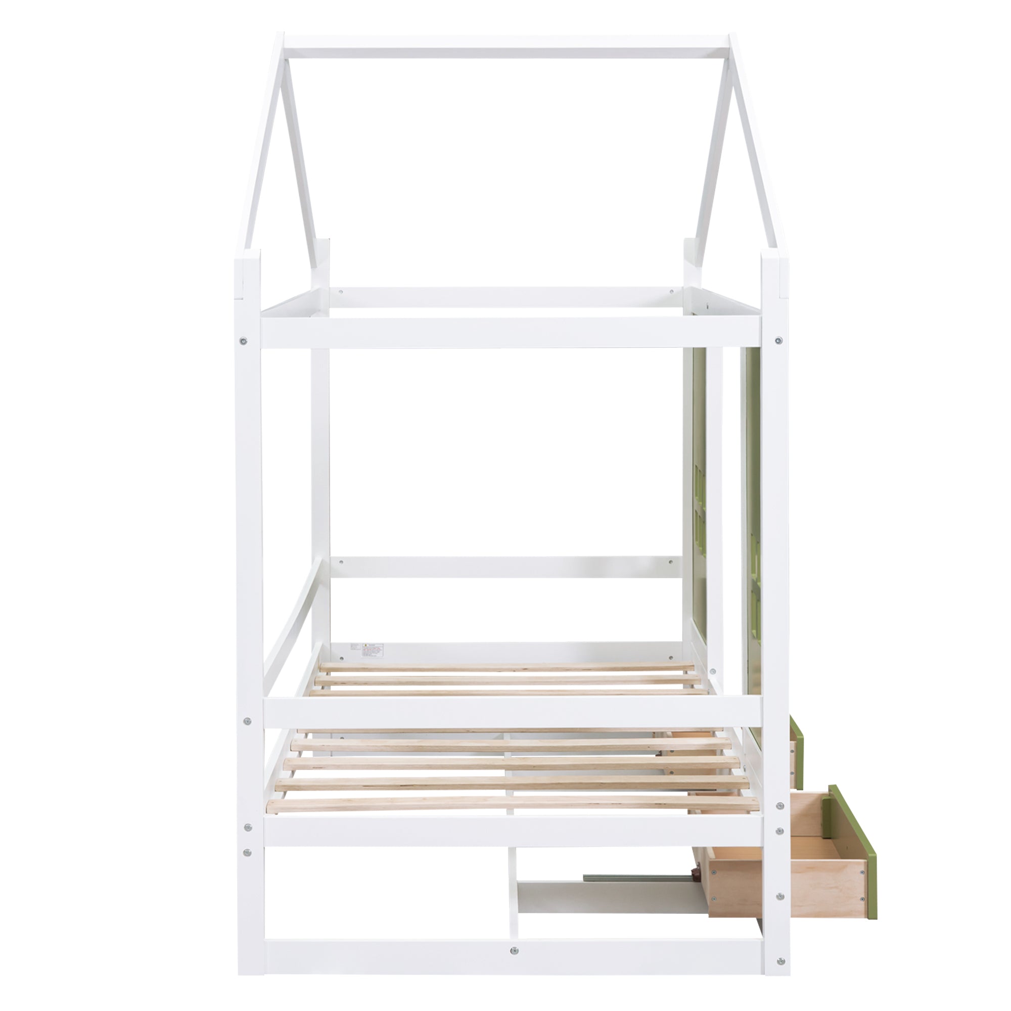 Twin Size Wood House Bed with 2 Drawers and Window Decoration, White+Olive Green - Atlantic Fine Furniture Melbourne FL