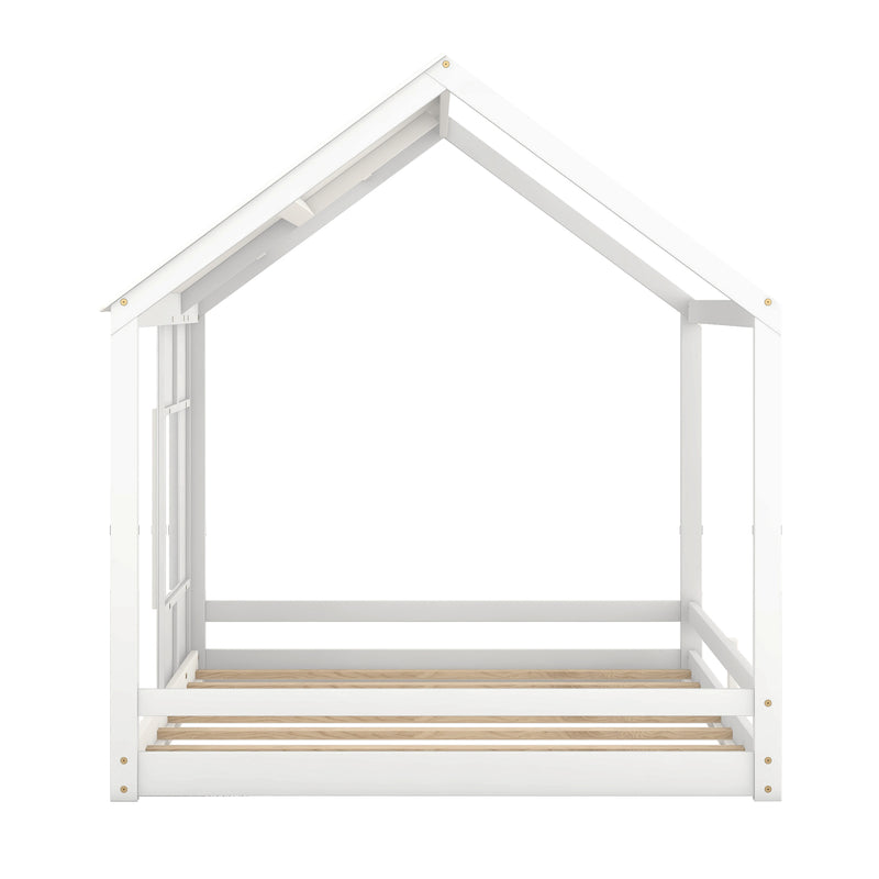 Full Size House Bed with Roof and Window - White