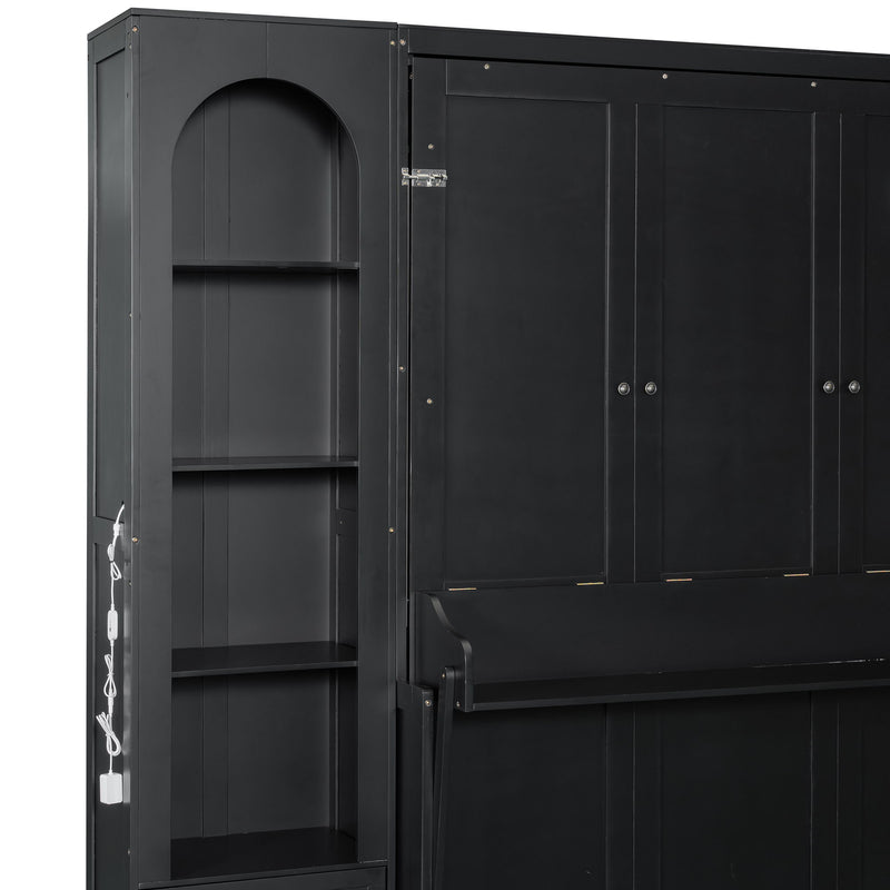 French Style Murphy Platform Bed With Shelf, Side Cabinets, Drawers And LED