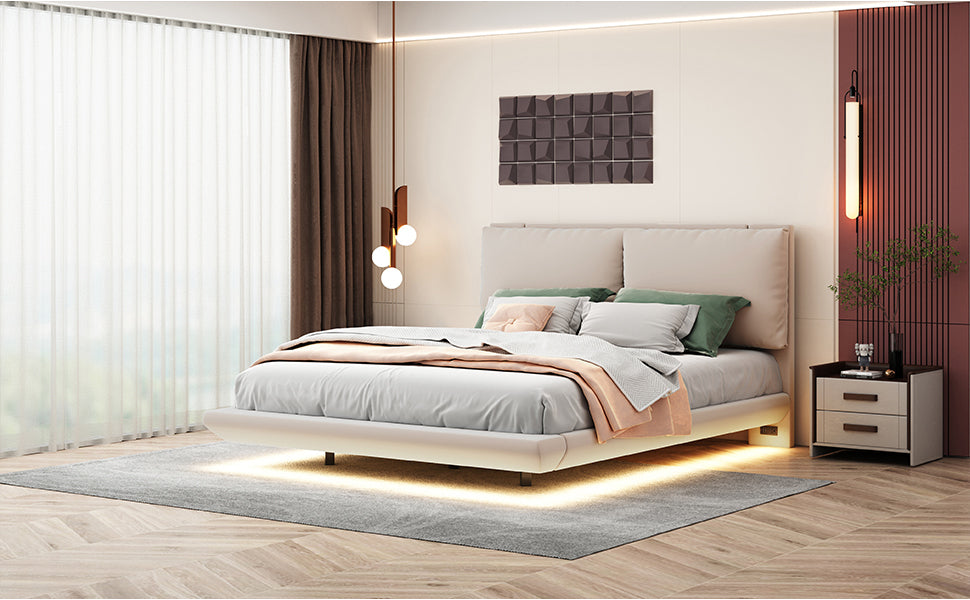 Queen Size Upholstered Platform Bed with Sensor Light and 2 Large Backrests, Stylish Platform Bed with 2 sets of USB Port and Socket on each rear Bed Leg, Beige - Atlantic Fine Furniture Melbourne FL
