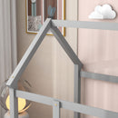 Floor Wooden Bed With House Roof Frame, Fence Guardrails