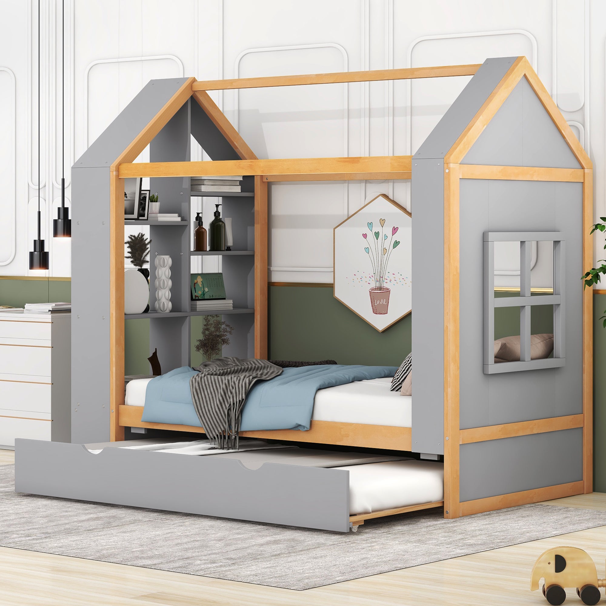 Twin Size House Platform Bed with Storage Shelves and Twin Size Trundle, Grey - Atlantic Fine Furniture Melbourne FL